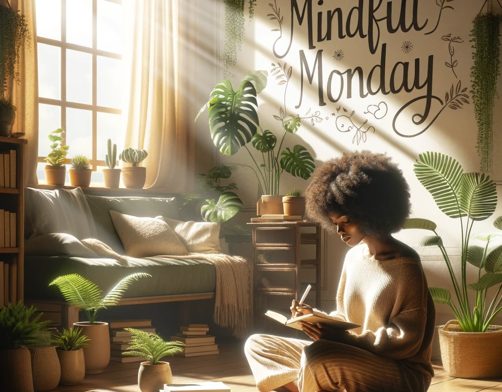 Welcoming 2024 With Intention How To Start Your Year Right OhioMBE   DALL·E 2024 01 01 18.11.32 A Tranquil Scene For Mindful Monday Featuring A Black Woman Sitting In A Serene Sunlit Room Filled With Plants And Books. Shes Wearing Comfortable C 1024x800 